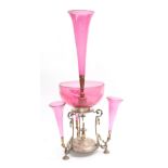 Late 19th century cranberry glass and silver plate epergne/centrepiece, with central flute over a