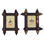 Pair of Victorian 'Tramp Art' carved wood picture frames, each with Stevengraph Boer War memorial