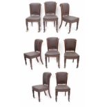 Set of eight Victorian mahogany dining chairs, the scrolling moulded frame backs with button