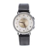 Rare Jaeger LeCoultre Memovox stainless steel gentleman's wristwatch, circular silvered dial with