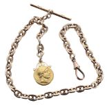 9ct pocket watch Albert chain with 9ct T-bar, 9ct clasp and mounted coin, 36gm, 12'' approx