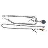 Silver curb double watch Albert chain with two swivel clasps, silver t-bar and silver bloodstone