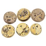 Six various 19th century fusee lever pocket watch movements, including makers Robert Neill of