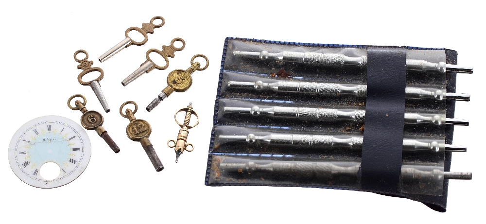 Small selection of pocket watch keys and an Elgin fob watch dial