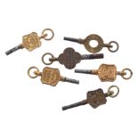 Six trade pocket watch keys, various makers to include T. Braybrooke, Dorchester; W. Ribble, London;