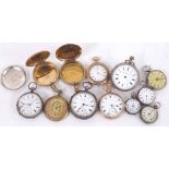 Four silver fob watches (faults); together with a Paxus gold plated lever pocket watch, Waltham gold