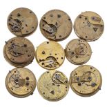 Nine fusee lever pocket watch movements principally for repair, Liverpool makers (9)