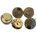 Four fusee verge pocket watch movements for repair to include makers Jon Bonner, London; Thos