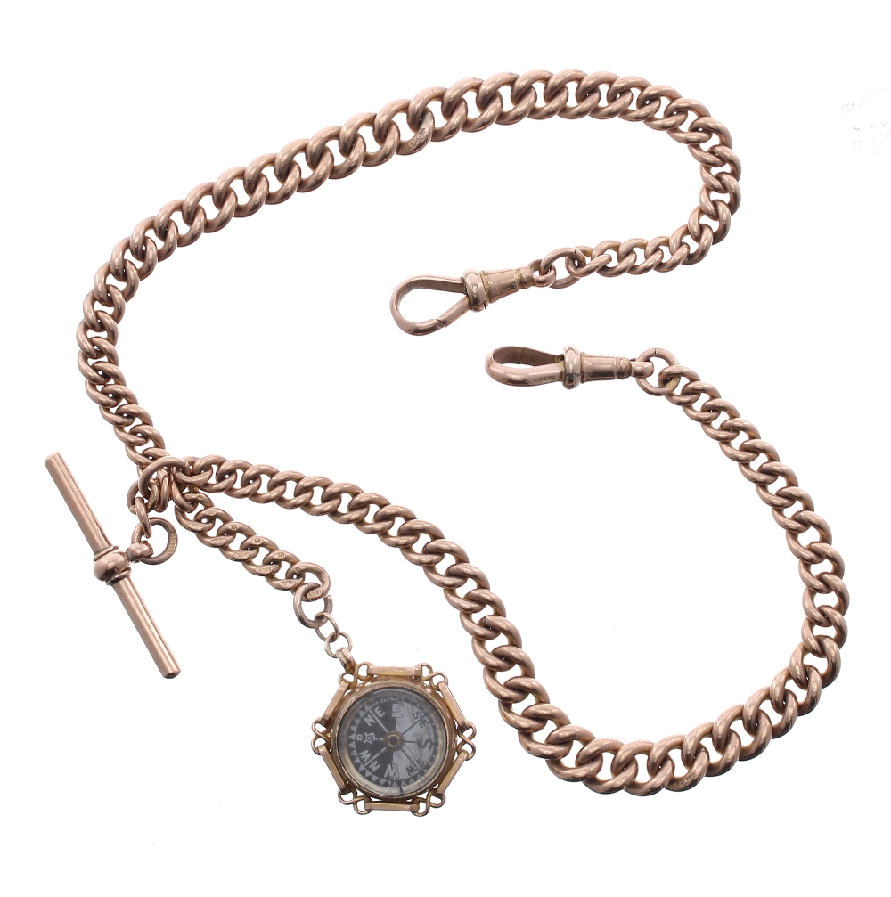 Good 9ct graduated double watch Albert chain with two 9ct clasps, 9ct t-bar and 9ct compass fob,