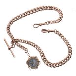 Good 9ct graduated double watch Albert chain with two 9ct clasps, 9ct t-bar and 9ct compass fob,