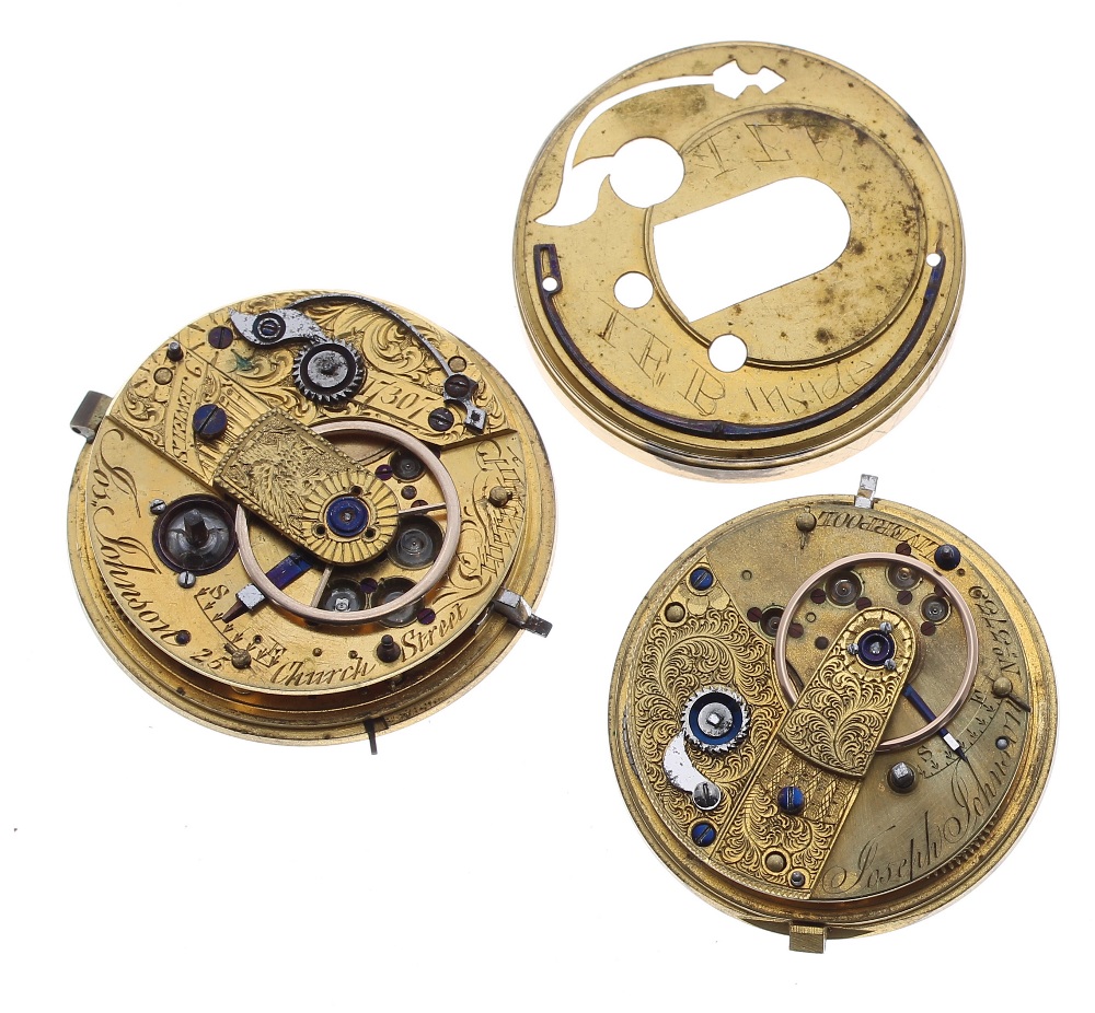 Jos Johnson, Liverpool - two fusee lever pocket watch movements, each with Liverpool jewelling no.