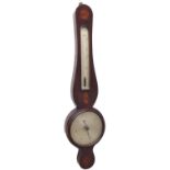 Early mahogany banjo barometer/thermometer, the 8" silvered dial signed Pelegrine, within a