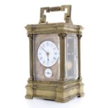 Large alarm carriage clock striking on a gong, the 2.25" principal dial over an alarm dial and