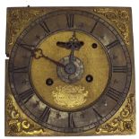 Interesting and rare verge two train bracket clock movement with alarm, the 7.5" square brass dial