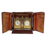 Brass and cloisonne clock/barometer desk compendium, the 1.75" twin dials either side of a silver