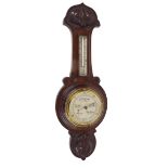 Small oak barometer/thermometer, the 5" silvered dial signed John Barker & Co Limited, Kensington,