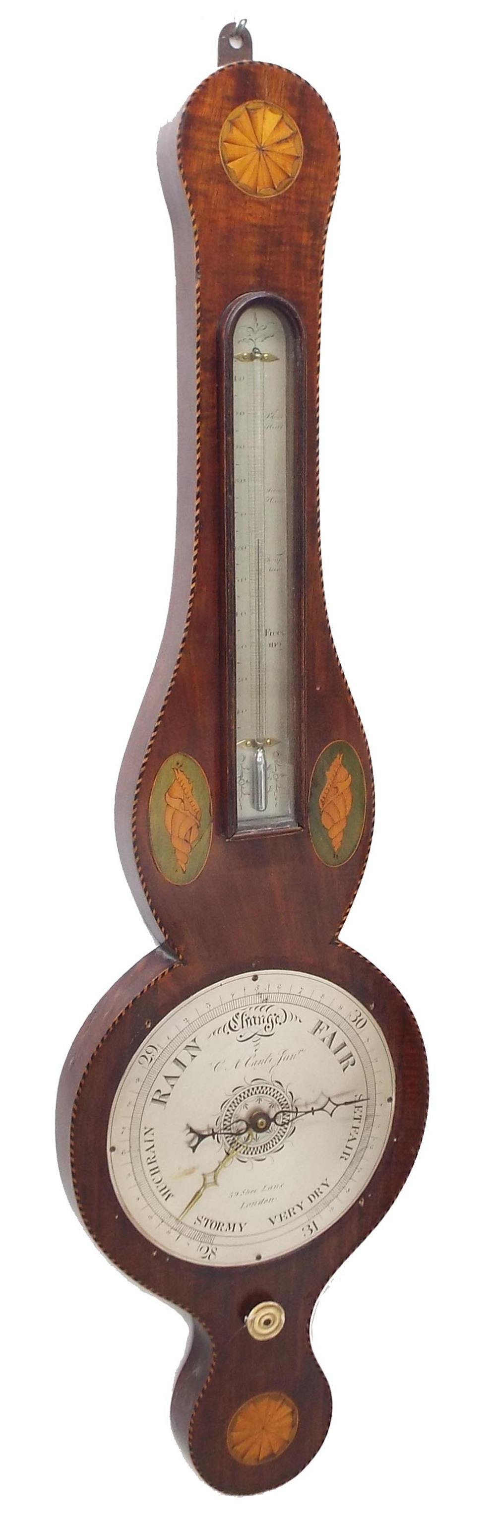 Early mahogany inlaid banjo barometer/thermometer, the 8" silvered dial signed 59 Shoe Lane, London,