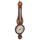 Early mahogany inlaid banjo barometer/thermometer, the 8" silvered dial signed 59 Shoe Lane, London,