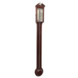 Mahogany stick barometer signed C. Negrini, Tenterden on the silvered scale, over a chevron banded