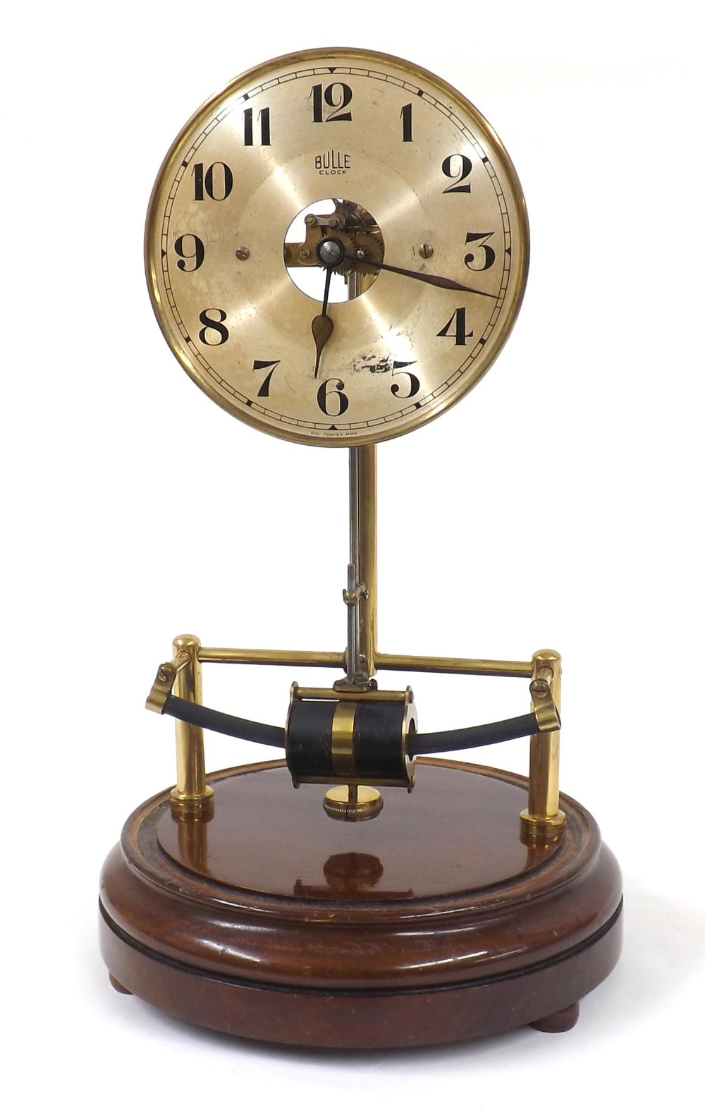 Bulle electric mantel clock, the 5.5" silvered dial with skeletonised centre, upon brass supports