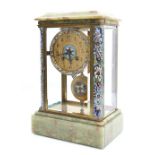 Good French green marble and cloisonne pillared four glass two train mantel clock striking on a