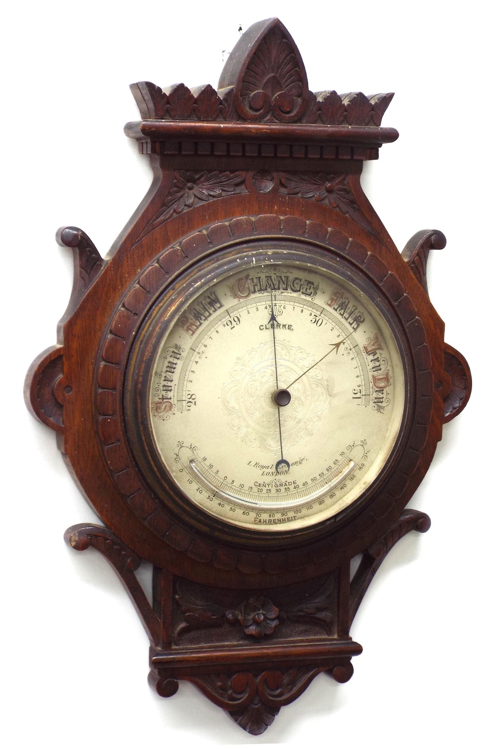 Wall barometer signed Clerke, 2 Royal Exchange, London to the silvered foliate engraved 7.5" dial,