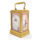 Fine Drocourt gilded brass porcelain panelled repeater carriage clock with alarm, the movement