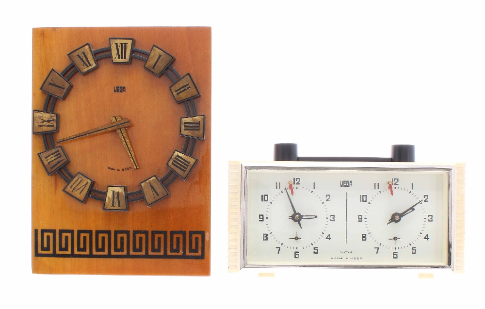 Two Vega (USSR) clocks: chess top clock and a battery electric wall clock with C43 movement 59186 (