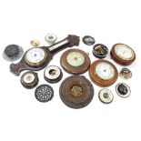 Box of various wooden and other cased barometers, some complete and some suitable for spares