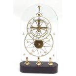 Good brass great wheel skeleton clock, the 6.5" white chapter ring enclosing a skeletonised centre