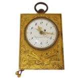 Good French ormolu sedan style clock with alarm and striking on a bell, the 3" white enamel dial