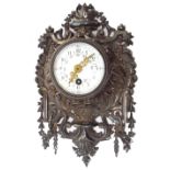 Small French wall clock timepiece with platform escapement, the 2" floral painted white dial