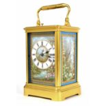 Good French repeating and porcelain panelled carriage clock striking on a gong, the movement back