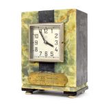 Bulle green and grey marble electric clock, the 3.5" square silvered dial within an Art Deco style