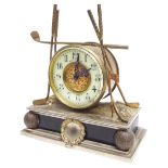 French brass drumhead desk clock timepiece of golfing interest, the 3.25" cream chapter ring