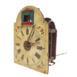 Small Black Forest automata shield wall clock with alarm, the 5.25" painted arched dial applied with