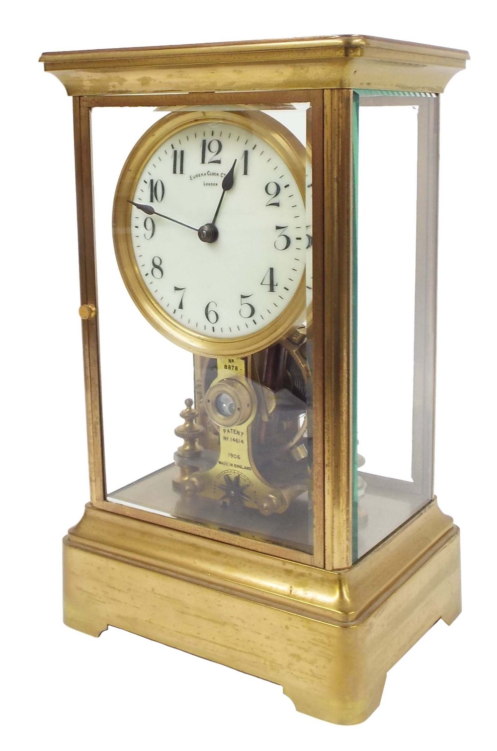 Eureka Clock Co Limited four glass electric mantel clock, the 4.25" cream dial over the movement and