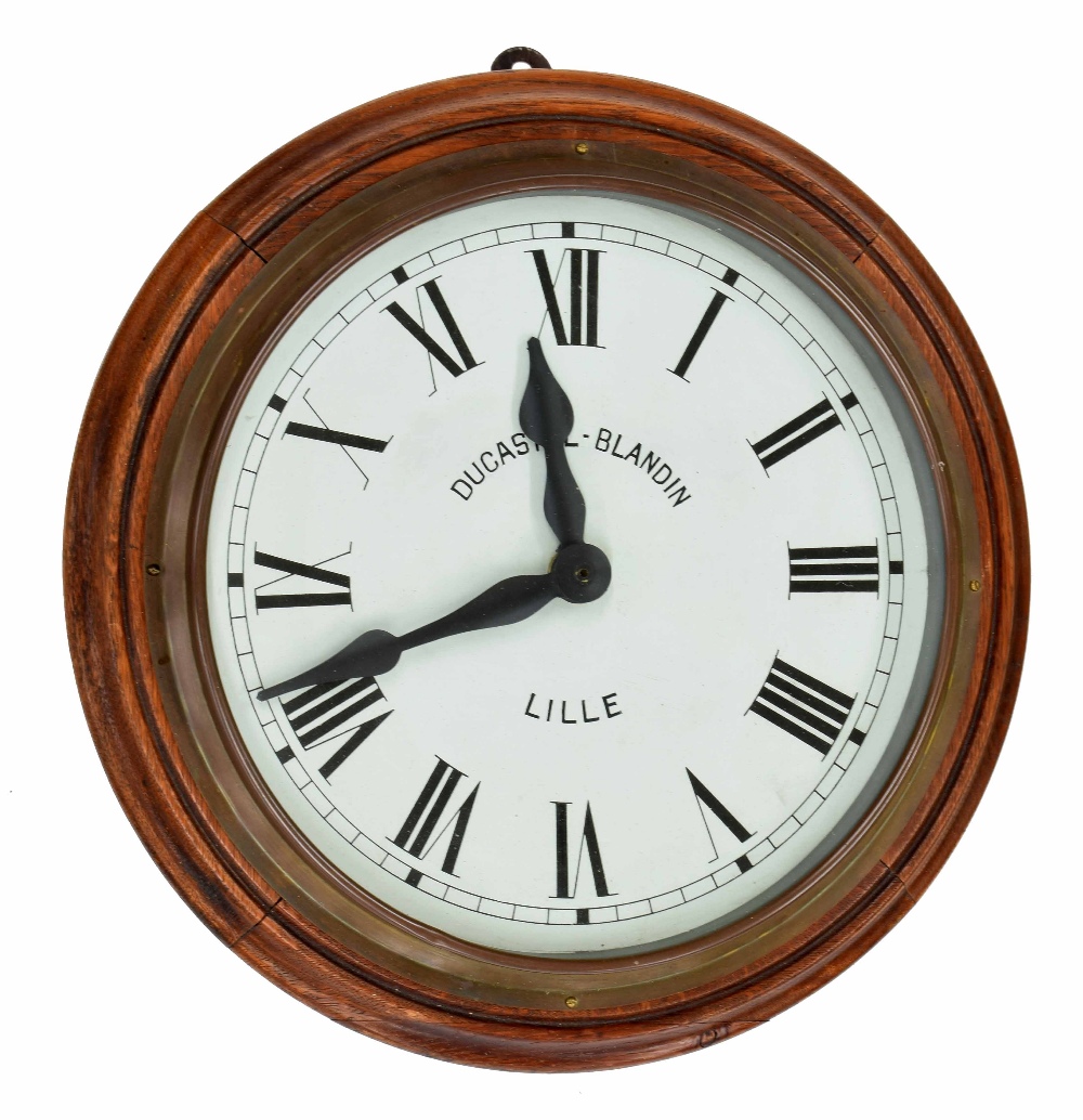 Ducastel-Blandin 12" electric slave dial clock, within a stained turned wooden surround