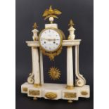 French white marble and ormolu mounted two train drumhead portico mantel clock, the 4" white