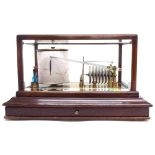 Mahogany cased barograph, the brushed brass bed plate stamped with the HF maker's trademark logo,