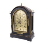 Good English ebonised musical triple fusee bracket clock, (in need of extensive restoration), the