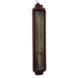 Mahogany bowfront small stick thermometer, signed to the top of the silver scale L. Braham & Co, 142