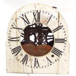 Interesting antique two train gallery clock in need of restoration, the 17.75" rounded arched dial