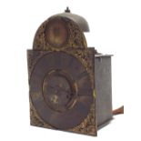 Small English brass hook and spike lantern clock with alarm, the 4.75" brass arched dial signed J.