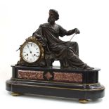 French figural bronze and black marble two train mantel clock striking on a bell, the 3.5" white