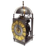 Interesting early 18th century iron cased verge hook and spike lantern clock with alarm, the 6.5"