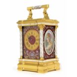 Fine French repeating enamelled panelled carriage clock with alarm