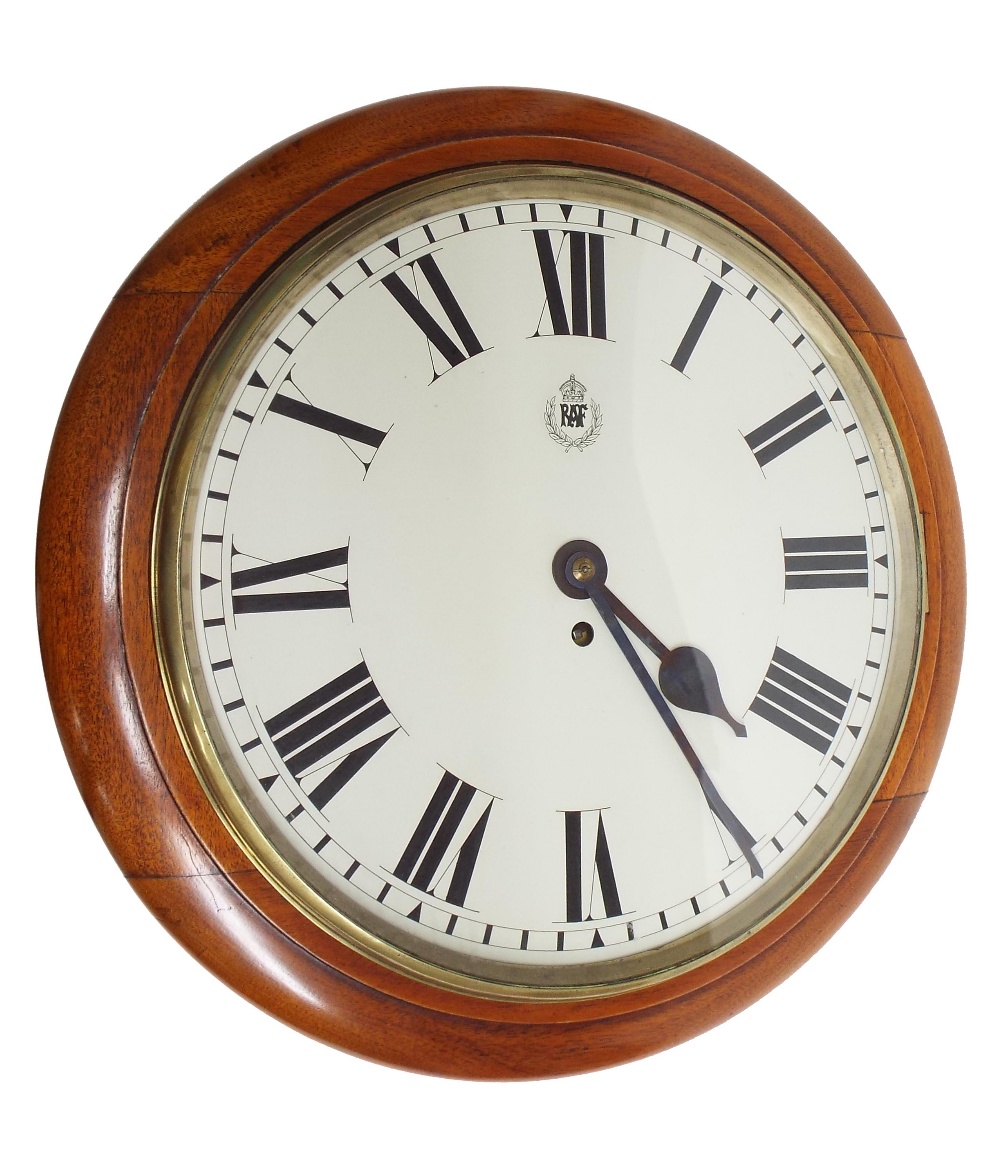 RAF mahogany single fusee 14" wall dial clock, bearing the RAF logo beneath twelve o'clock (pendulum