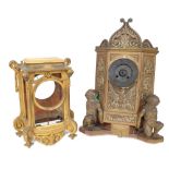 French brass two train mantel clock in need of restoration, the 4" concave dial within an ornate