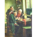Continental School - Three gentlemen in an interior discussing clocks, 16" x 12", within an ornate